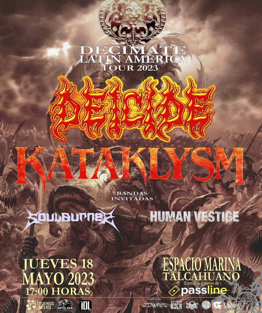 Deicide y Kataklysm, juntos en una jornada de Death Metal implacable en la Octava Región, a quienes se les suman las bandas locales Human Vestige y Soulburner.
18 de Mayo de 2023, en espacio Marina desde las 17:00 horas, Talcahuano